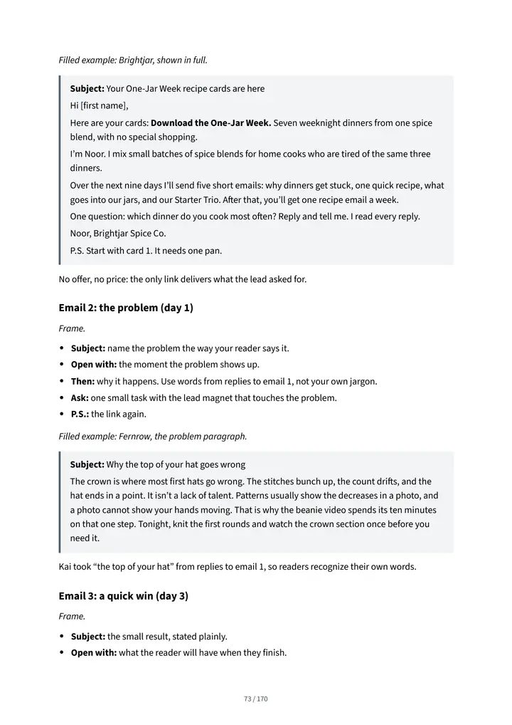 Page 73: a welcome email written from its frame, filled example